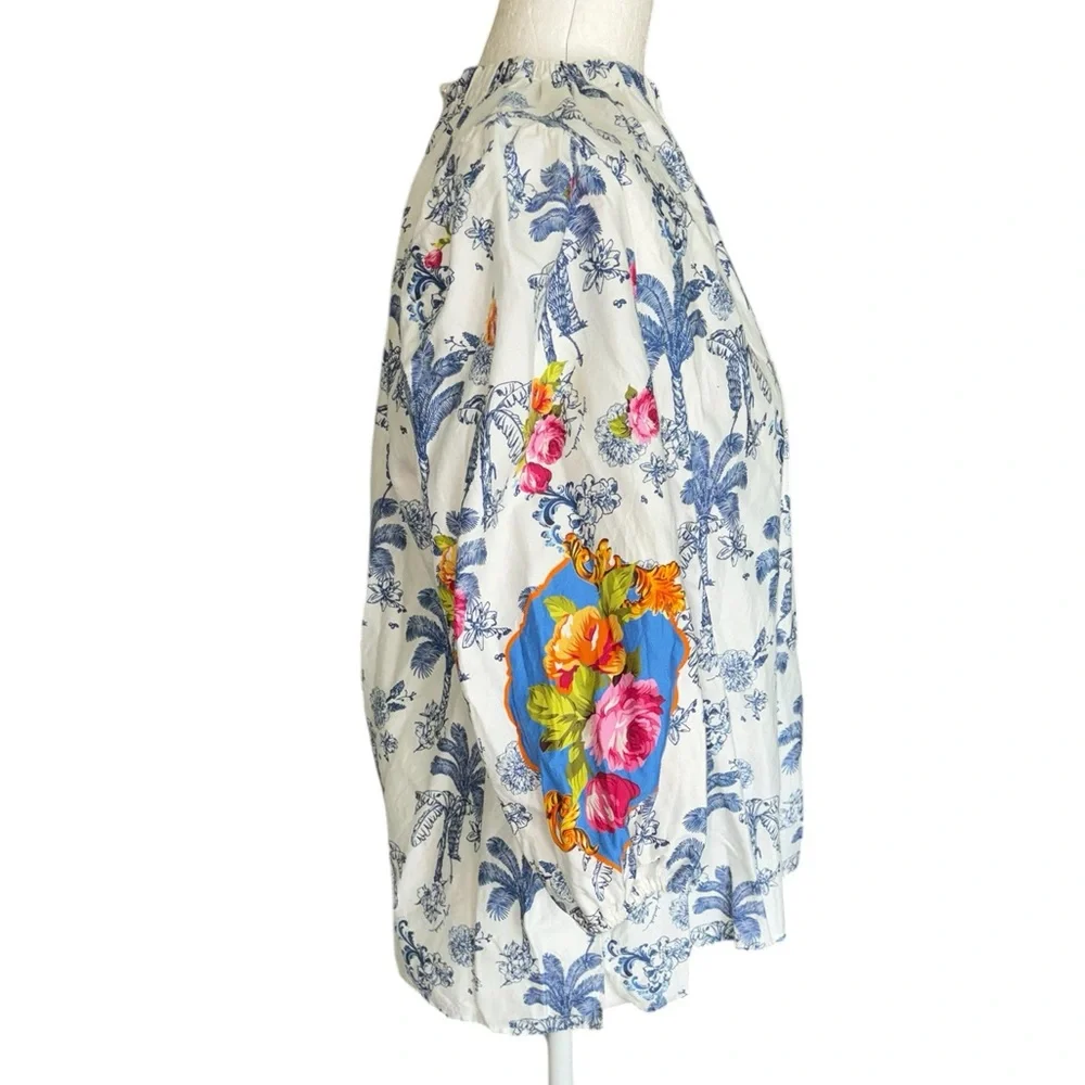 Emily Lovelock Blue Palm Tree Floral Print Puff Sleeve Top - L - Picture 5 of 11